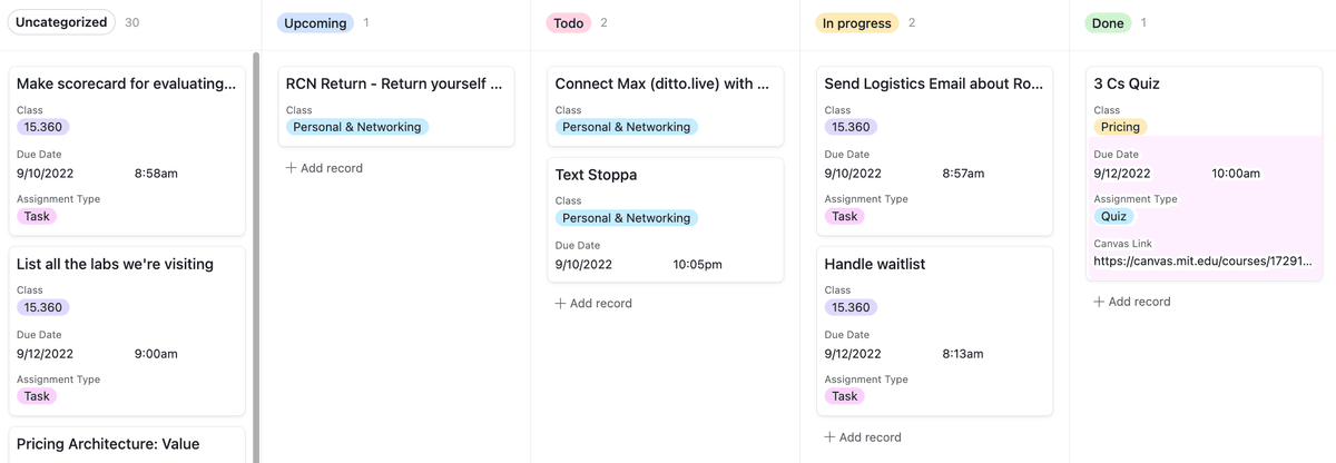 Screenshot of Airtable kanban view for task management