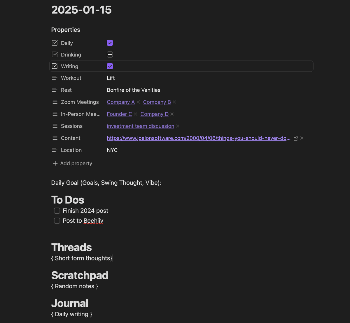 Screenshot of a daily note template in Obsidian with fields for meetings and activities
